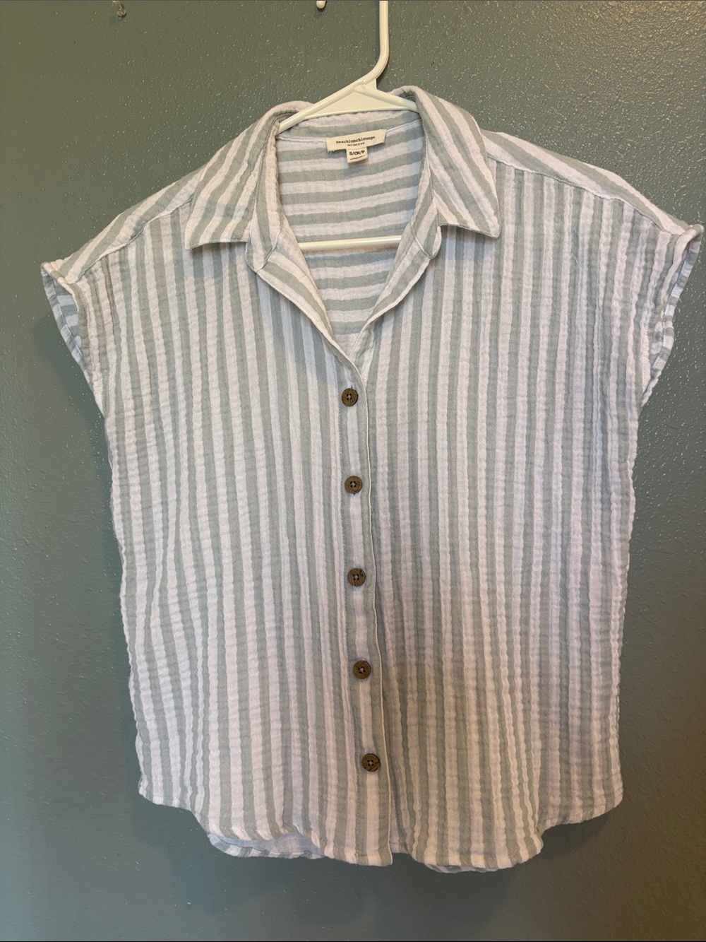 100% Cotton | Pale Green and White Striped Button-Down | Gauze Top